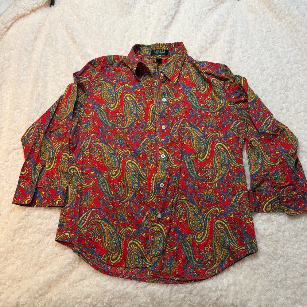 Lauren Ralph Lauren Button Up Shirt Red Paisley Womens Size PM